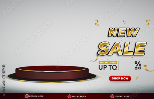 new sale discount template banner with copy space 3d podium for product sale with abstract gradient white and red background design