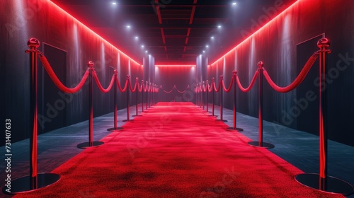 Luxurious red carpet hallway with elegant barriers and ropes for VIP events, Ai Generated.