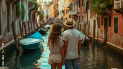 couple on a city trip in Venice Italy, men and woman in Venice looking at the house alongside the canal