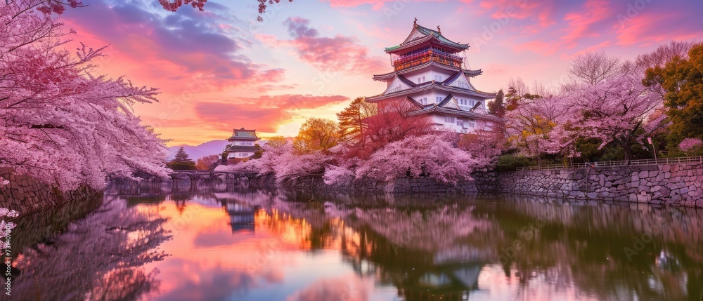 Obraz premium Cherry blossom trees frame a beautiful Japanese temple, creating a serene and enchanting scene, Ai Generated.