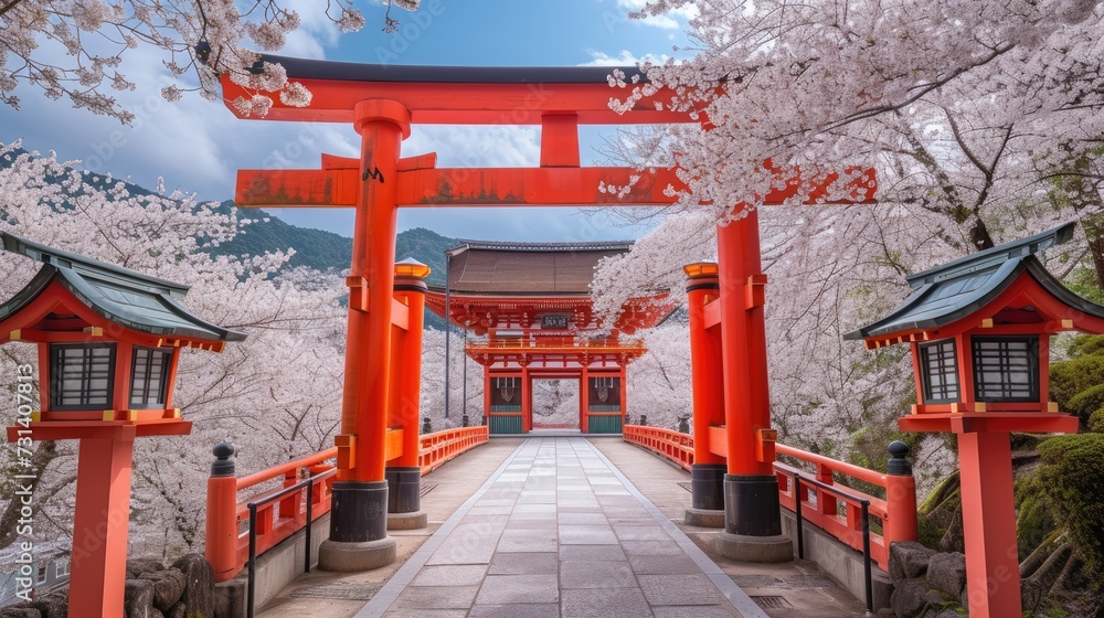 Iconic red gate and cherry blossoms in Kyoto, Japan, create a beautiful scene, Ai Generated.