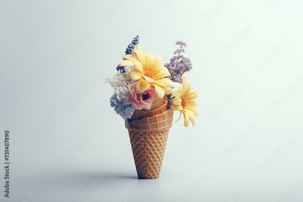 Waffle cone with bouquet of wildflowers on purple background. Minimal summer or spring creative concept. Valentine's, Women's day. Floral backdrop for card, banner, poster, print. Flat lay, copy space