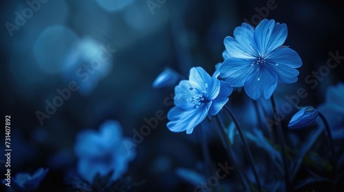 Blue flowers in the dark with a blurred effect create a mysterious and enchanting scene, Ai Generated. © Crazy Juke