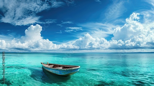A boat in turquoise ocean water against a blue sky with white clouds near a tropical island, Ai Generated. © Crazy Juke