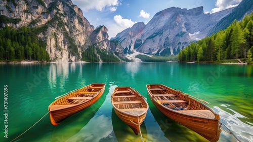 Boats on Braies Lake in Dolomites mountains, a picturesque scene of alpine tranquility, Ai Generated.