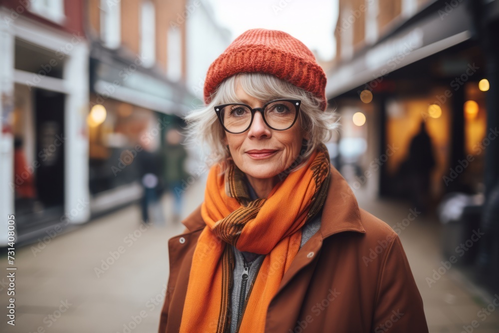 Portrait of senior woman with eyeglasses in the city.