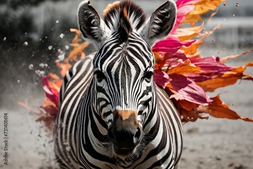 A zebra with a splash of color  adding a touch of creativity and intrigue to the classic black and white motif.