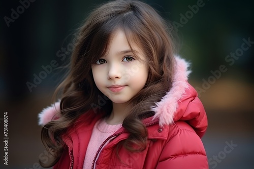 portrait of a beautiful little girl in a pink jacket in the park