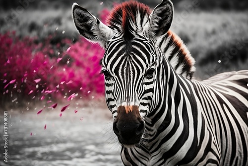 A vibrant zebra close up in black and white background
