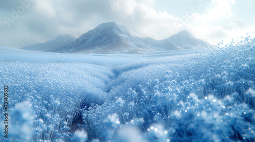山の麓に咲く朝露に濡れた青い花 photo
