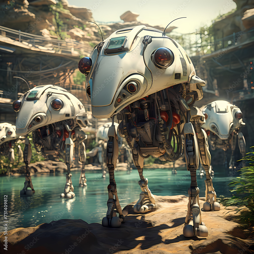 A herd of robot animals in a futuristic zoo.