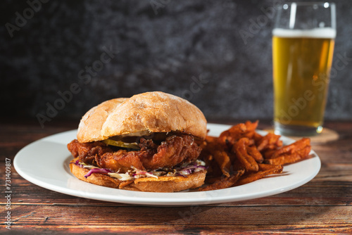 Crispy Chicken Sandwich with a Beer