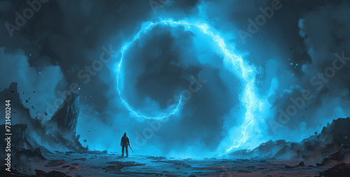 Illustration of a solo explorer watching a spiral light in the sky and clouds
