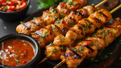 Indonesian chicken satay with peanut sauce, a traditional and savory appetizer from Asian cuisine, served on a skewer and grilled to perfection.