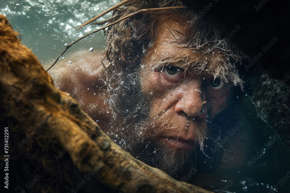 Prehistoric man, evolution science biology, man civilization, homo sapiens ape, stone era period, old hair wild nature, neanderthal, prehistory, monkey.