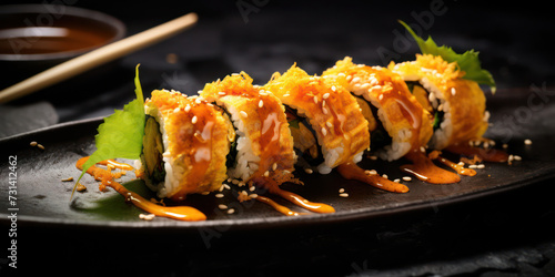 Gourmet Sushi Roll: Delicious Japanese Seafood Meal on a Plate
