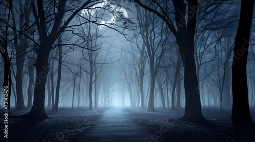 Ethereal moonlit forest with magical trees in a dreamy composition