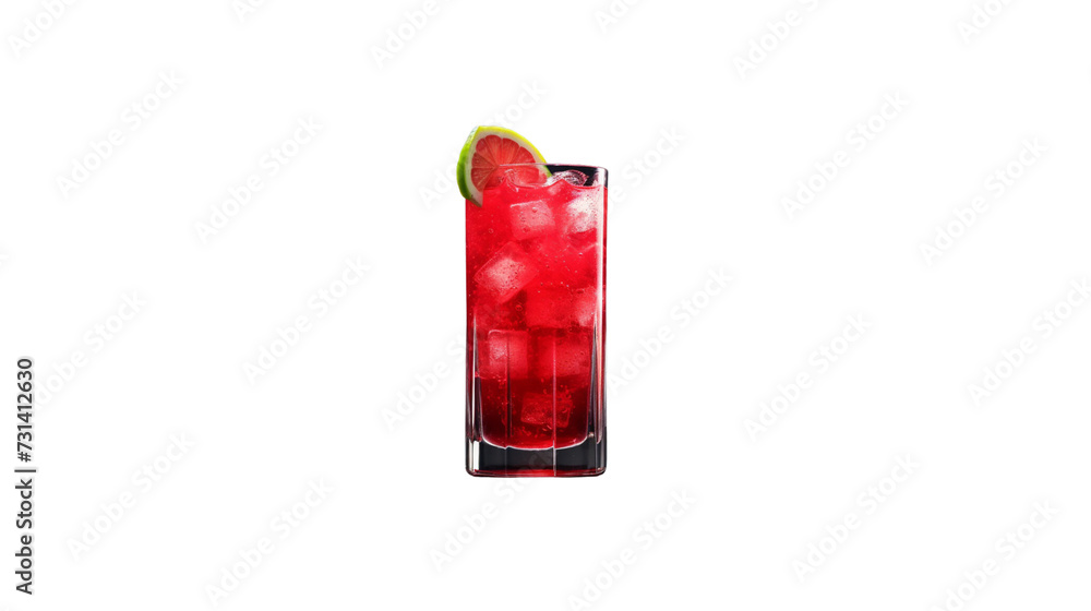 Red cocktail: translucent watermelon juice in a tall cylindrical glass with lemon on the rim. Red cocktail: translucent watermelon juice in a tall cylindrical glass with lemon on the rim.