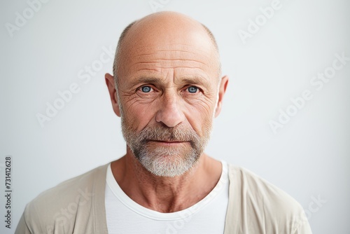 Portrait of a senior man with grey beard and white t-shirt