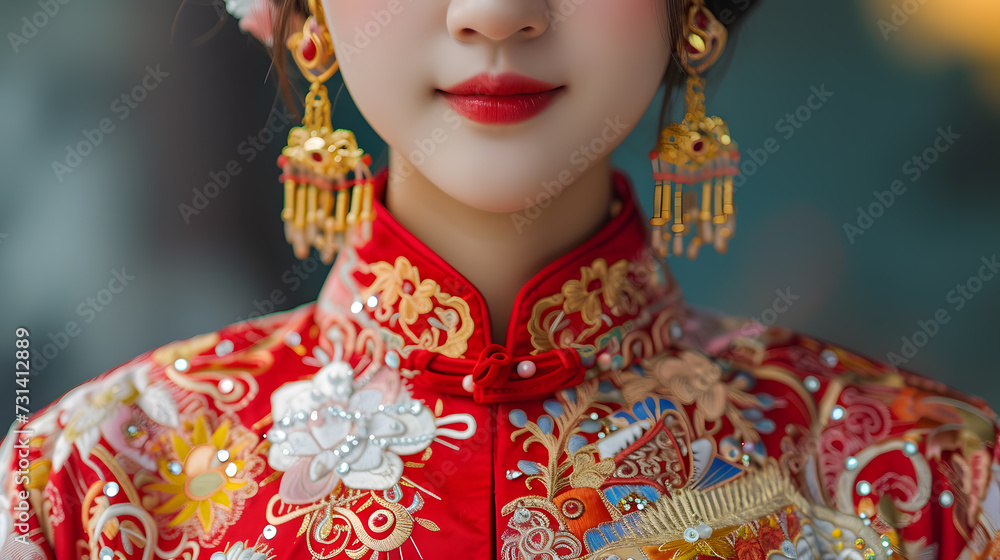 Beautiful young chinese woman wearing a traditional Chinese dress, with intricate embroidery and gold jewelry. Generative AI.