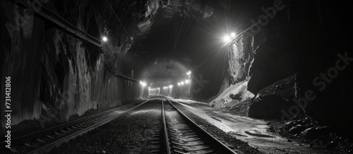 Fotografie, Obraz Nighttime view of a black and white tunnel for coal trains.