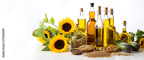 Illustration of different edible oils concept like Sunflower oil, Nut oil, Canola oil, on white background, Generative AI image