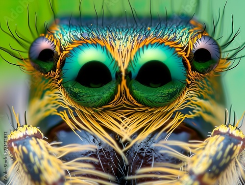 A close up of a spider 's eyes with a green background