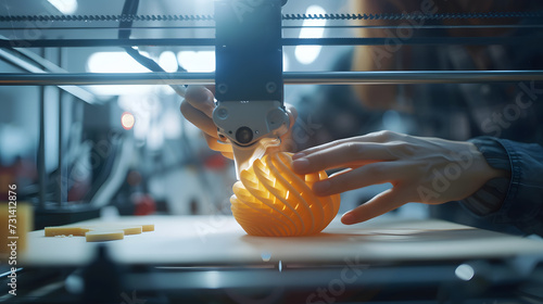 A person using a 3D printer to create a custom object, demonstrating how manufacturing will be revolutionized by technology in the future.