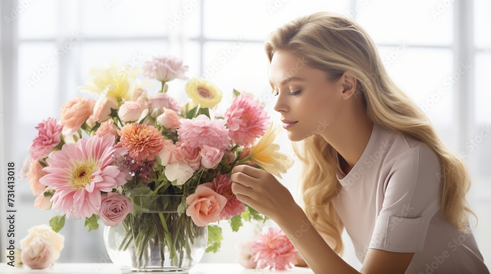 woman holding bouquet of flowers. woman holding bouquet of flowers.