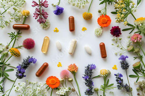 Pills made of herbs and flowers. plastic capsules with pills made from herbs and other plants are used as an alternative drug on a white background. alternative medicine concept. Generative AI photo