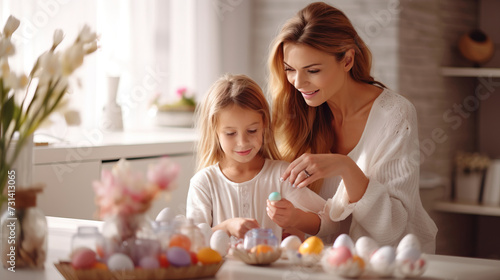 mom and daughter decorate easter eggs