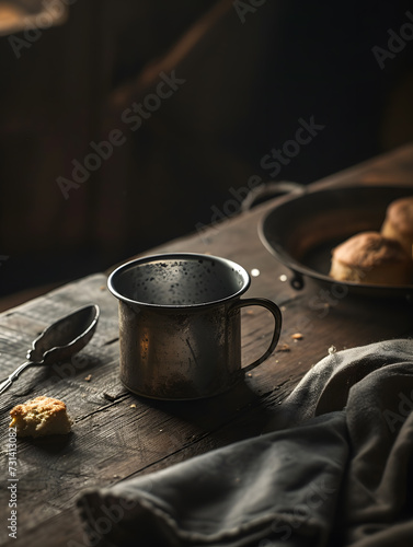 An old aluminum coffee cup on a worn wooden table  accompanied by scones and a spoon  bathed in the soft light of a rustic European kitchen. Generative ai