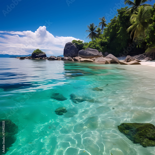 A serene beach with crystal-clear water.