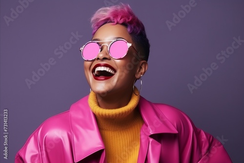 Stylish african american woman with pink hair and sunglasses on violet background