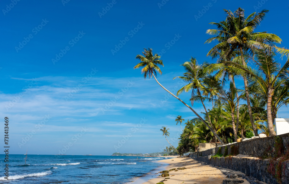 Beautiful Indian Ocean coastline on the island of Sri Lanka, Unawatuna.