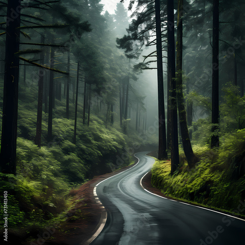 A winding road through a dense forest. 