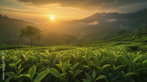 Green tea plantation at sunrise time, natural background, curved green tea plantation at sunrise with fog