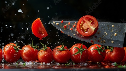 A chef's knife dangling in the air, slicing, lively tomato slices all around. The knife seemed to float weightlessly. Each piece seemed to sag in half with the rapid movement of the blade.