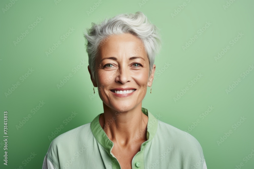 Portrait of a beautiful senior woman with grey hair against a green background Portrait of a beautiful senior woman with grey hair against a green background
