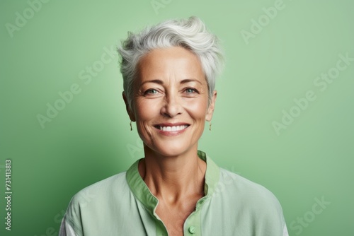 Portrait of a beautiful senior woman with grey hair against a green background