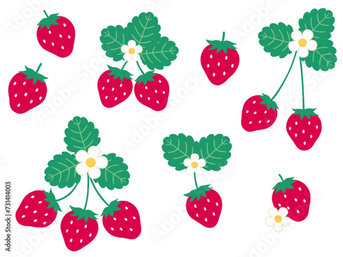 かわいい苺のベクターイラストセット。フルーツ、食べ物、果物