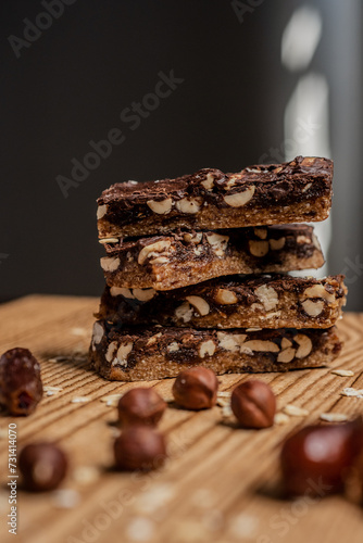 Homemade vegan organic energy bars with chocolate and hazelnut
