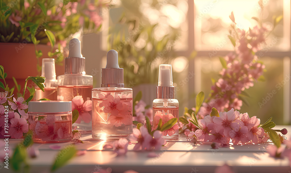 Cosmetic bottles with pink flowers on wooden table outdoors. Beauty treatment Cosmetic bottles with pink flowers on wooden table outdoors. Beauty treatment