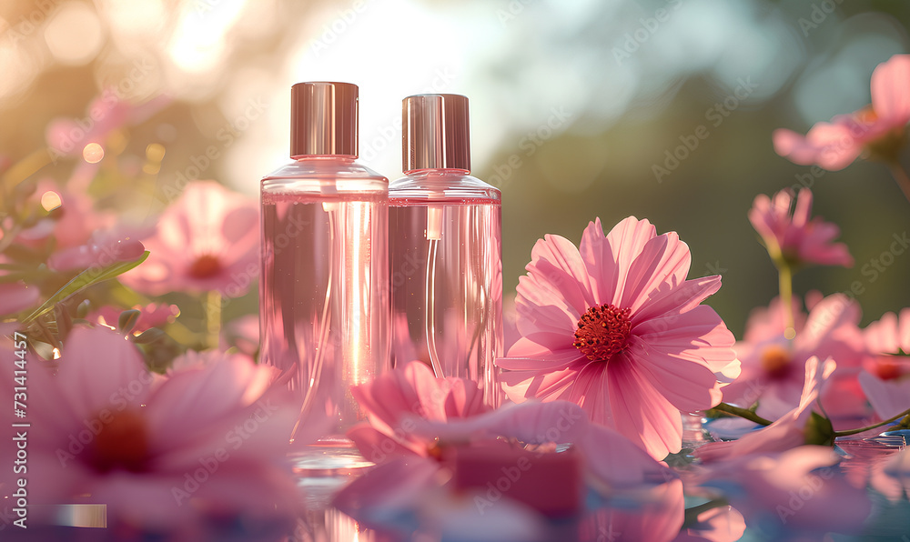 Cosmetic bottles with pink flowers on wooden table outdoors. Beauty treatment Cosmetic bottles with pink flowers on wooden table outdoors. Beauty treatment