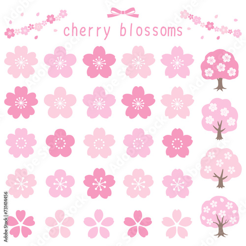 かわいい桜のアイコンのベクターイラストセット。さくら、春、桜の木