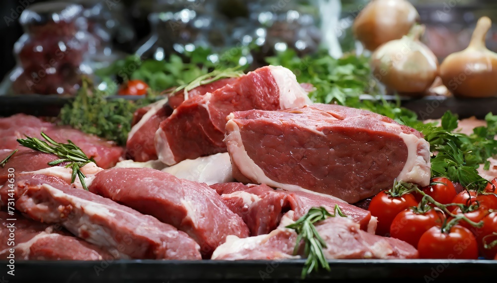 Raw beef steak with vegetables in the store. Fresh meat advertising concept. Raw beef steak with vegetables in the store. Fresh meat advertising concept.