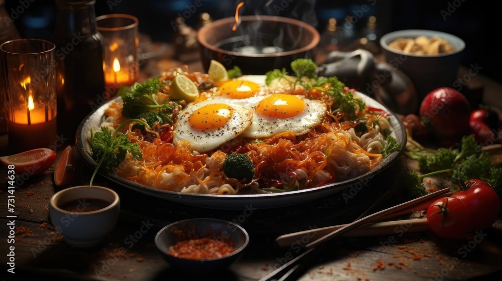 Delicious ramen noodles with egg topping on top, blur background Delicious ramen noodles with egg topping on top, blur background