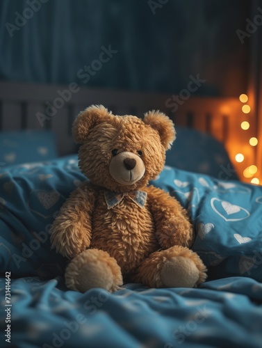 A cute teddy bear sitting on a blue bed. 