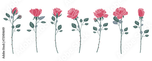 一輪のばらのイラストセット、ピンクの薔薇、バリエーション素材