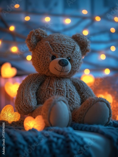 Wallpaper Mural A cute teddy bear sitting on a blue bed with heart lights.  Torontodigital.ca